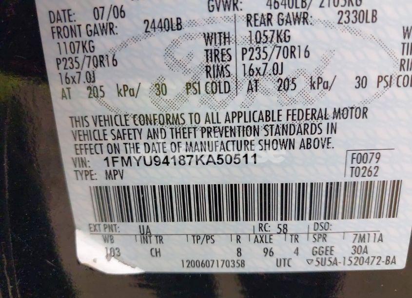 Photo 9 of 2007 Ford Escape LIMITED (VIN 1FMYU94187KA50511)