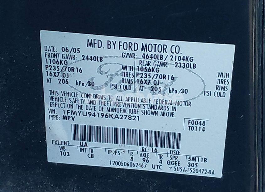 Photo 9 of 2006 Ford Escape LIMITED (VIN 1FMYU94196KA27821)