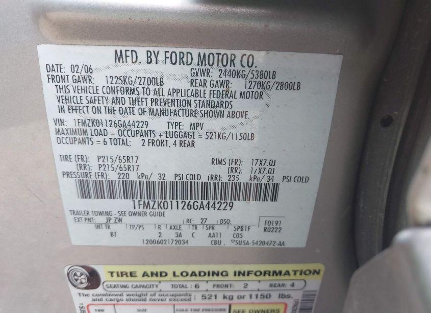 Photo 9 of 2006 Ford Freestyle SE (VIN 1FMZK01126GA44229)