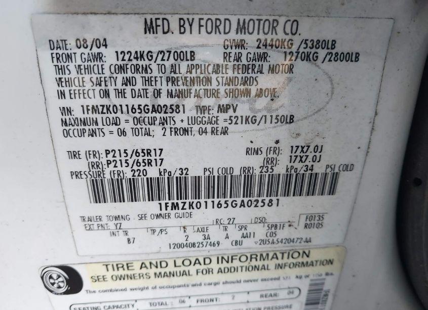 Photo 9 of 2005 Ford Freestyle SE (VIN 1FMZK01165GA02581)