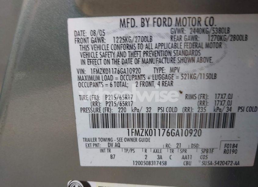 Photo 9 of 2006 Ford Freestyle SE (VIN 1FMZK01176GA10920)