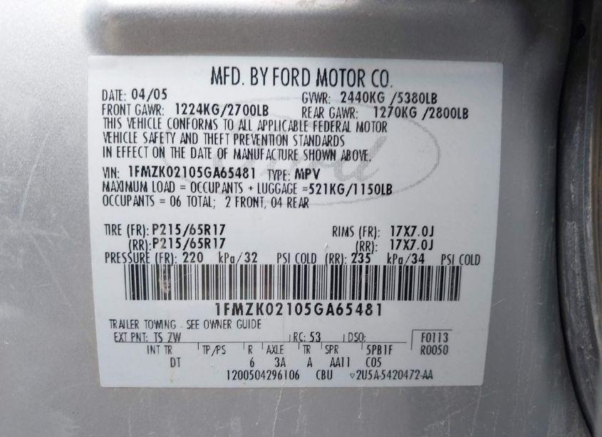 Photo 9 of 2005 Ford Freestyle SEL (VIN 1FMZK02105GA65481)