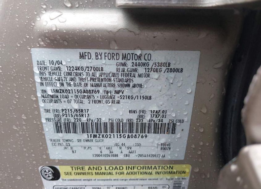 Photo 9 of 2005 Ford Freestyle SEL (VIN 1FMZK02115GA08769)