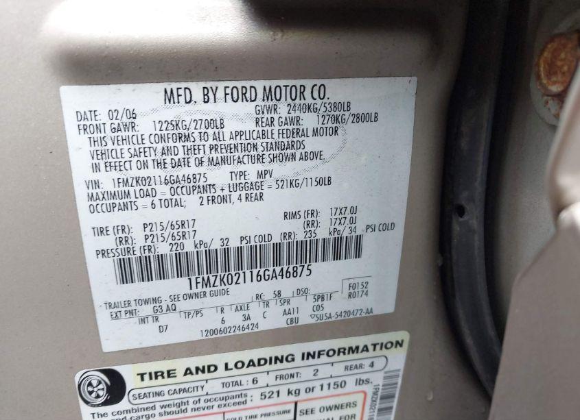 Photo 9 of 2006 Ford Freestyle SEL (VIN 1FMZK02116GA46875)