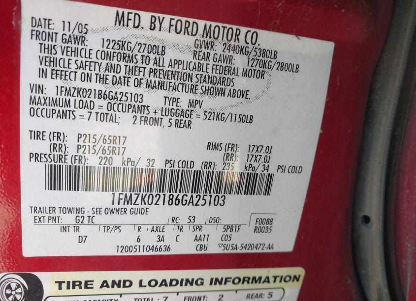 Photo 9 of 2006 Ford Freestyle SEL (VIN 1FMZK02186GA25103)