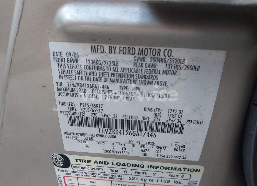 Photo 9 of 2006 Ford Freestyle SE (VIN 1FMZK04126GA17446)