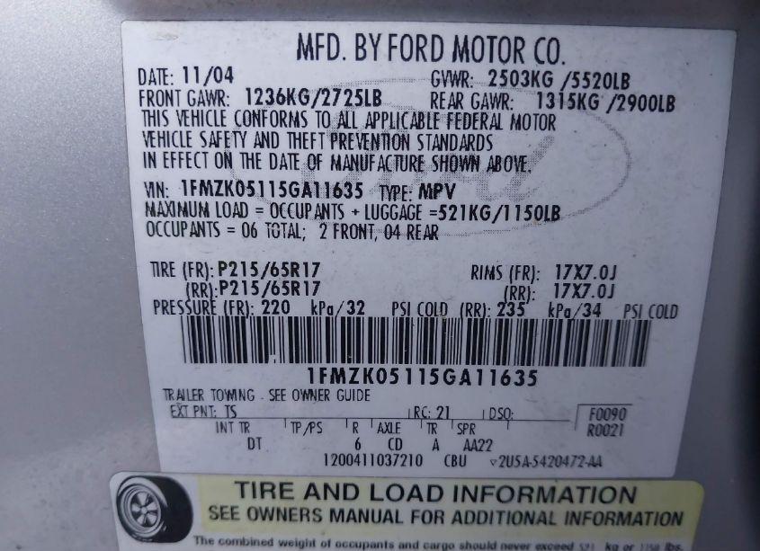 Photo 9 of 2005 Ford Freestyle SEL (VIN 1FMZK05115GA11635)