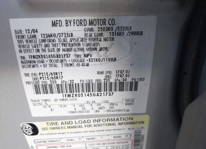 Photo 9 of 2005 Ford Freestyle SEL (VIN 1FMZK05145GA21737)