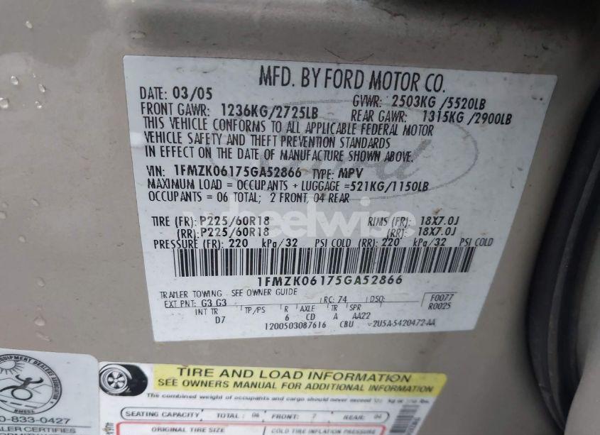 Photo 9 of 2005 Ford Freestyle LIMITED (VIN 1FMZK06175GA52866)