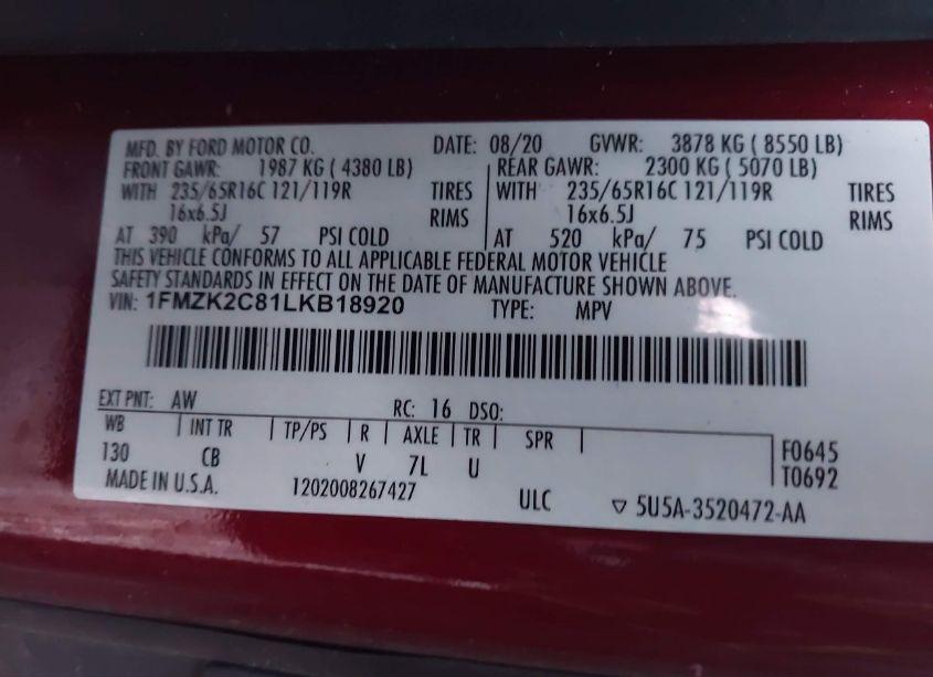 Photo 9 of 2020 Ford Transit-150 PASSENGER VAN XLT (VIN 1FMZK2C81LKB18920)