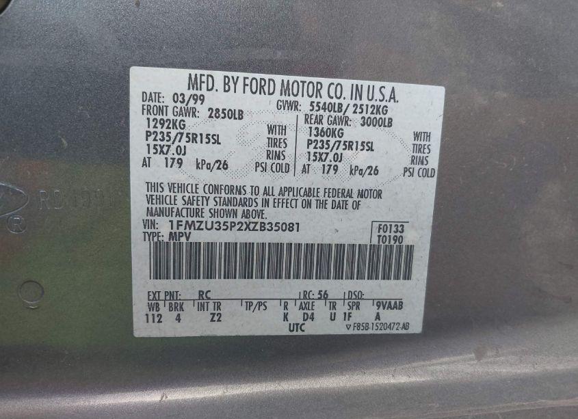 Photo 9 of 1999 Ford Explorer EDDIE BAUER/LIMITED/XLT (VIN 1FMZU35P2XZB35081)