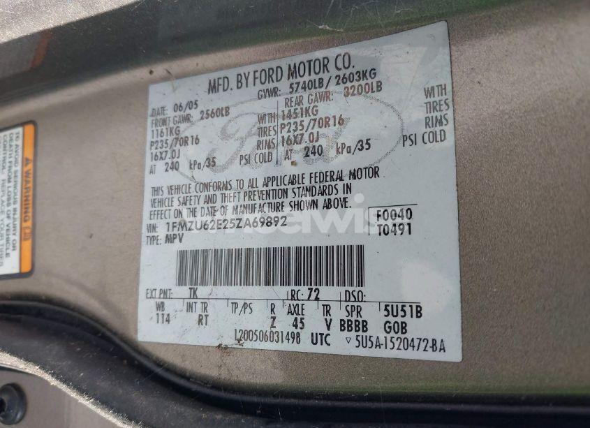 Photo 9 of 2005 Ford Explorer XLS/XLS SPORT (VIN 1FMZU62E25ZA69892)