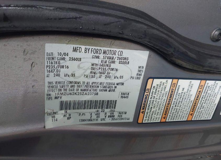 Photo 9 of 2005 Ford Explorer XLS/XLS SPORT (VIN 1FMZU62K25ZA23758)