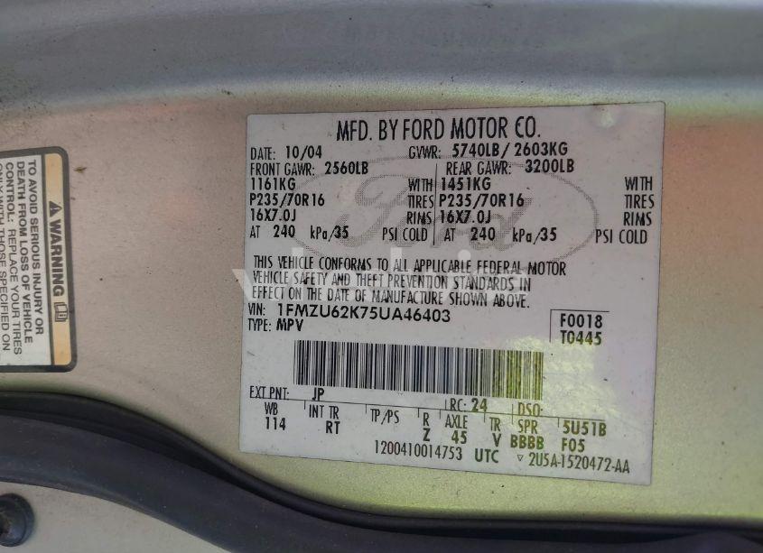 Photo 9 of 2005 Ford Explorer XLS/XLS SPORT (VIN 1FMZU62K75UA46403)