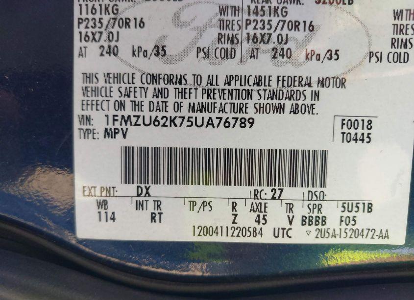 Photo 9 of 2005 Ford Explorer XLS/XLS SPORT (VIN 1FMZU62K75UA76789)