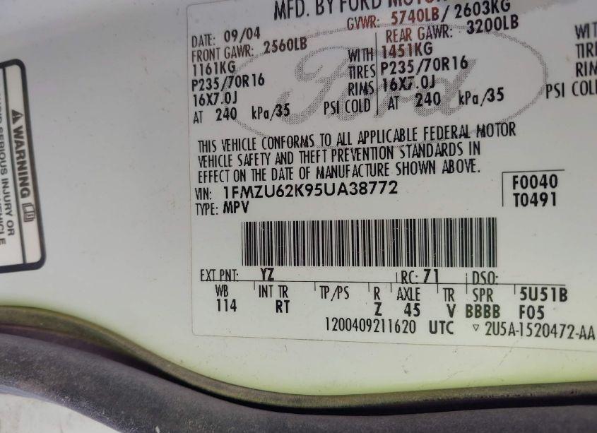 Photo 9 of 2005 Ford Explorer XLS/XLS SPORT (VIN 1FMZU62K95UA38772)