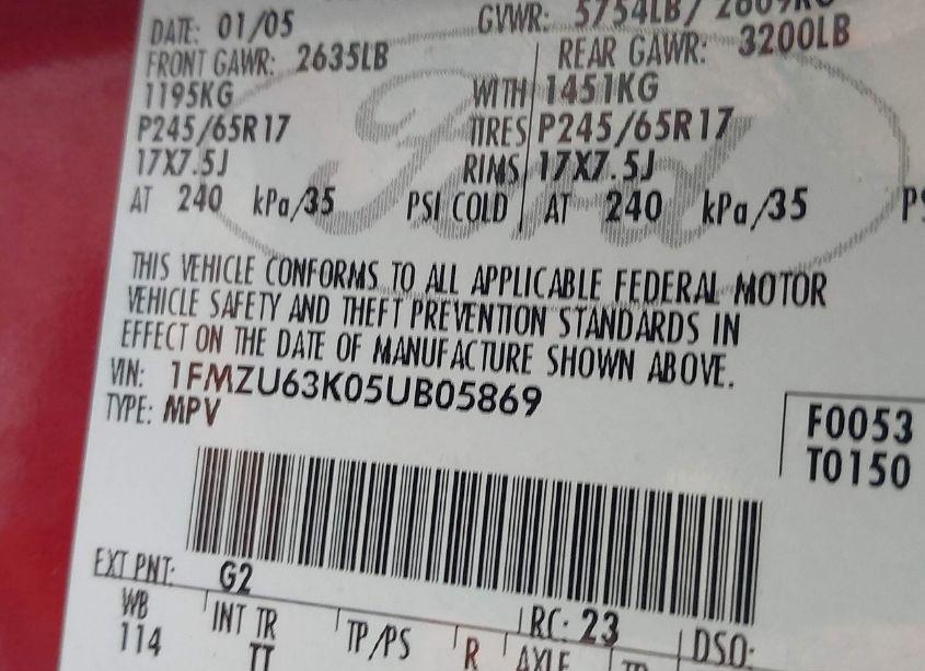 Photo 9 of 2005 Ford Explorer XLT/XLT SPORT (VIN 1FMZU63K05UB05869)