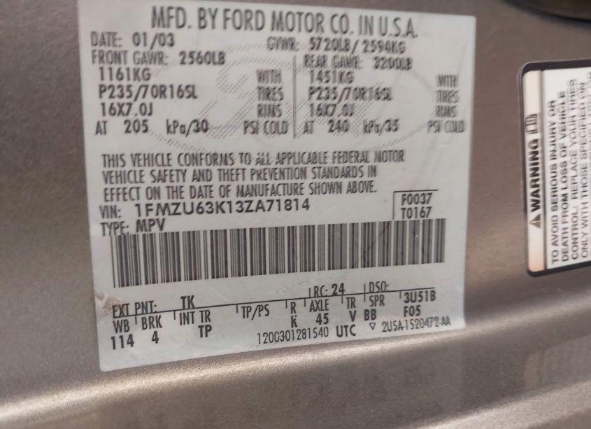 Photo 9 of 2003 Ford Explorer NBX/XLT (VIN 1FMZU63K13ZA71814)