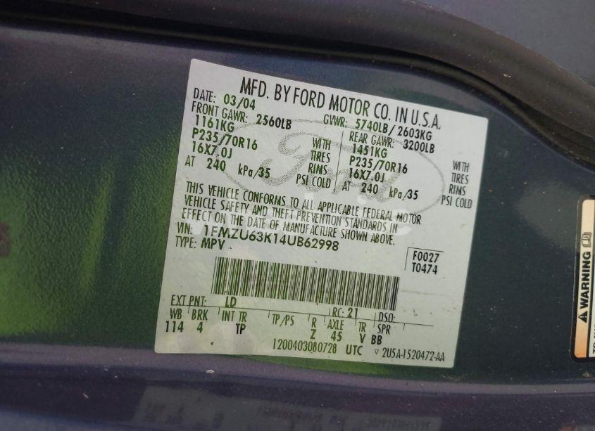 Photo 9 of 2004 Ford Explorer XLT (VIN 1FMZU63K14UB62998)