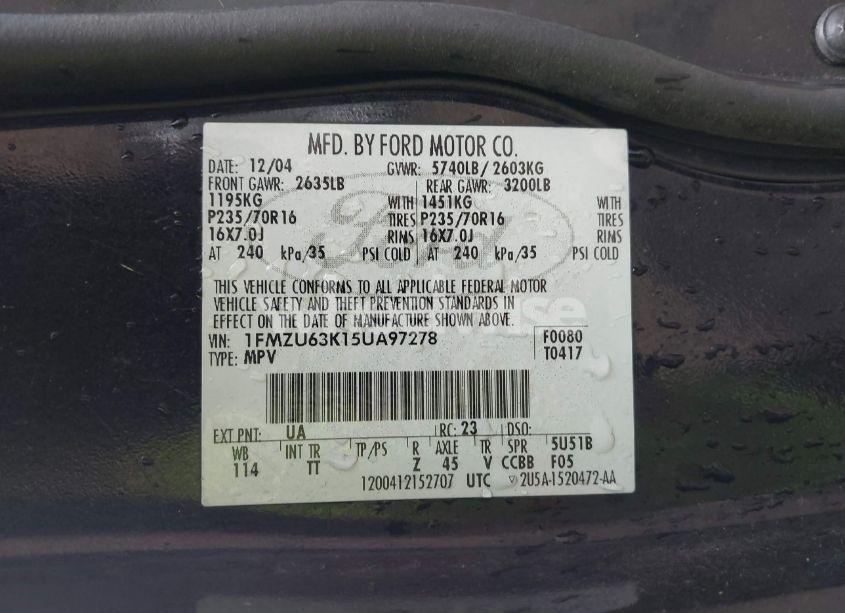 Photo 9 of 2005 Ford Explorer XLT/XLT SPORT (VIN 1FMZU63K15UA97278)