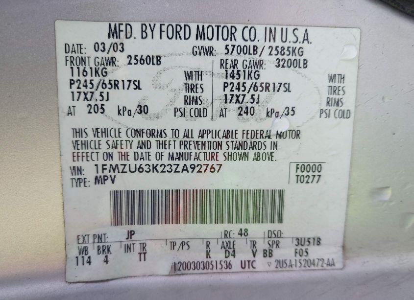 Photo 9 of 2003 Ford Explorer NBX/XLT (VIN 1FMZU63K23ZA92767)