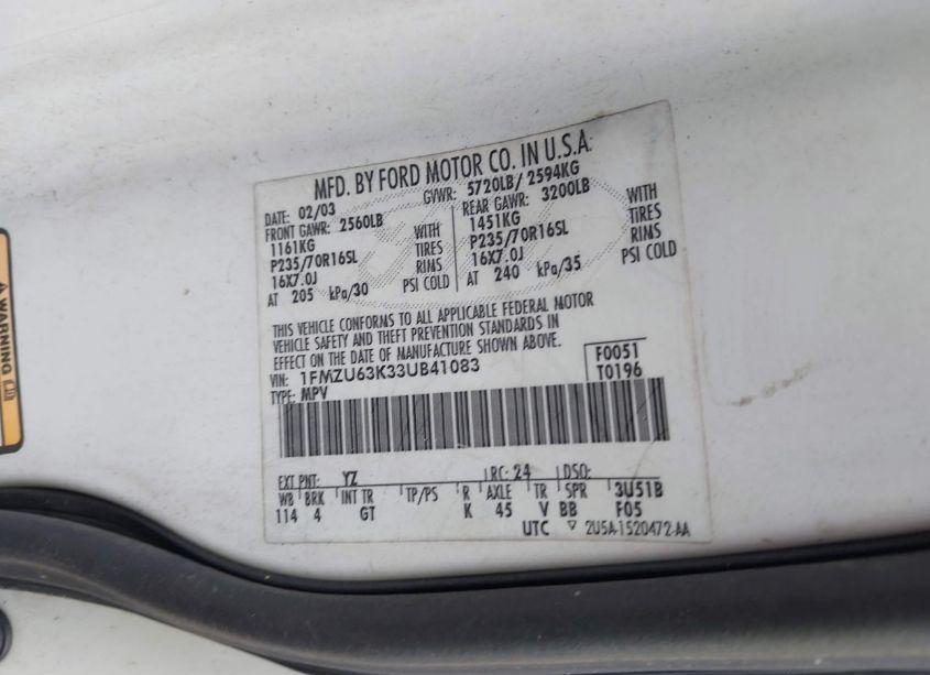 Photo 9 of 2003 Ford Explorer NBX/XLT (VIN 1FMZU63K33UB41083)