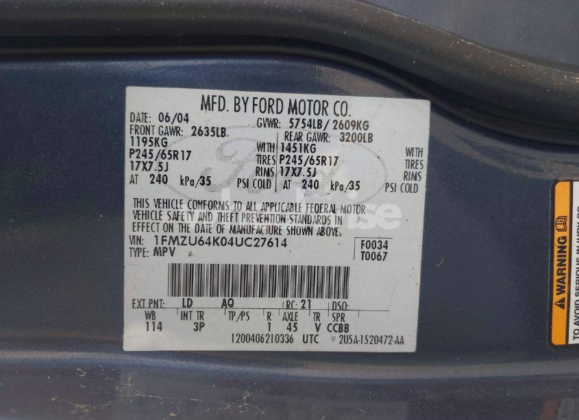 Photo 9 of 2004 Ford Explorer EDDIE BAUER (VIN 1FMZU64K04UC27614)