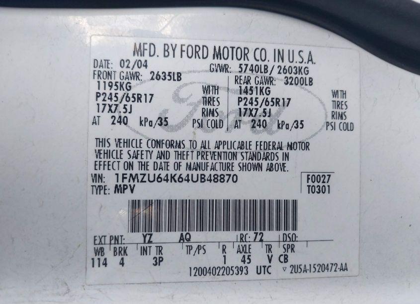 Photo 9 of 2004 Ford Explorer EDDIE BAUER (VIN 1FMZU64K64UB48870)