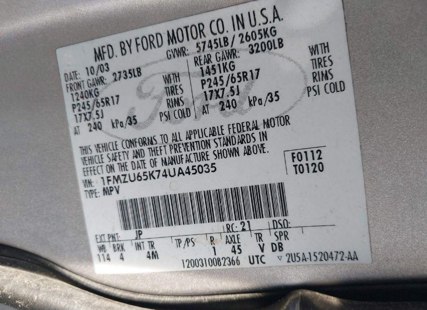 Photo 9 of 2004 Ford Explorer LIMITED (VIN 1FMZU65K74UA45035)