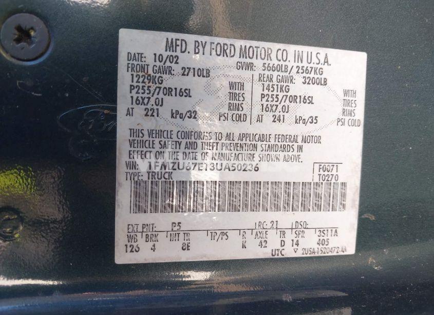 Photo 9 of 2003 Ford Explorer SPORT TRAC XLS/XLT (VIN 1FMZU67E13UA50236)