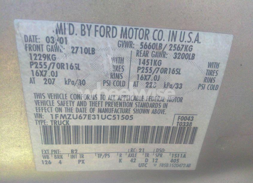 Photo 9 of 2001 Ford Explorer SPORT TRAC (VIN 1FMZU67E31UC51505)