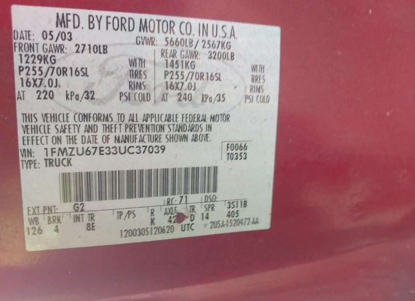 Photo 9 of 2003 Ford Explorer SPORT TRAC XLS/XLT (VIN 1FMZU67E33UC37039)