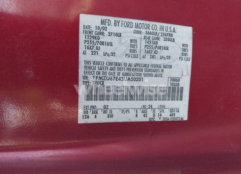 Photo 9 of 2003 Ford Explorer SPORT TRAC XLS/XLT (VIN 1FMZU67E43UA50201)