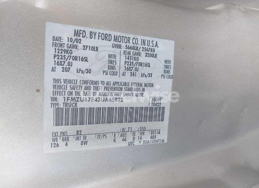 Photo 9 of 2003 Ford Explorer SPORT TRAC XLS/XLT (VIN 1FMZU67E43UA65832)