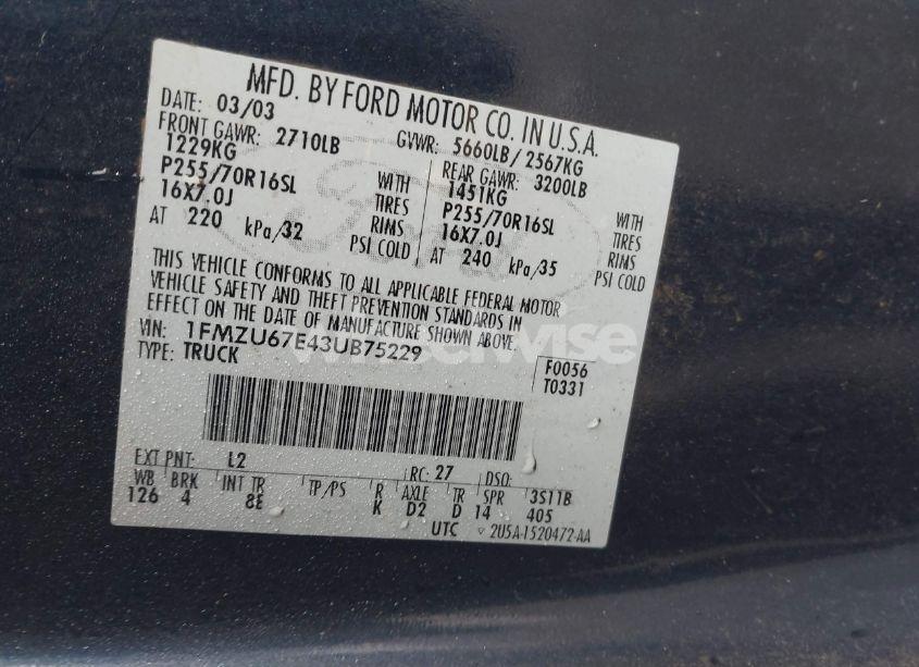 Photo 9 of 2003 Ford Explorer SPORT TRAC XLS/XLT (VIN 1FMZU67E43UB75229)