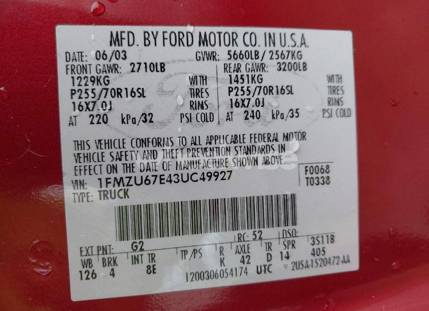 Photo 9 of 2003 Ford Explorer SPORT TRAC XLS/XLT (VIN 1FMZU67E43UC49927)