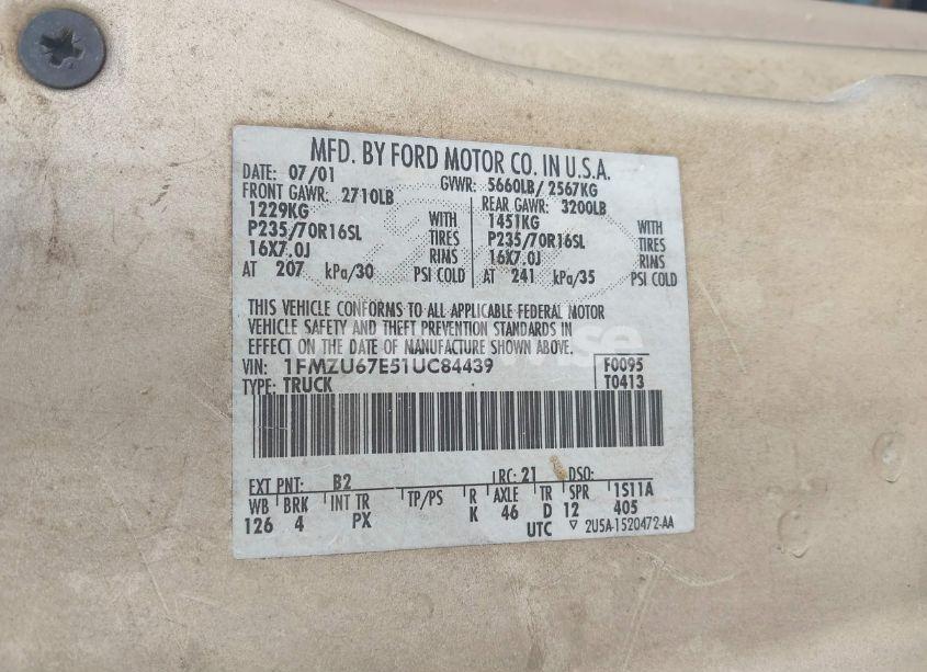 Photo 9 of 2001 Ford Explorer SPORT TRAC (VIN 1FMZU67E51UC84439)