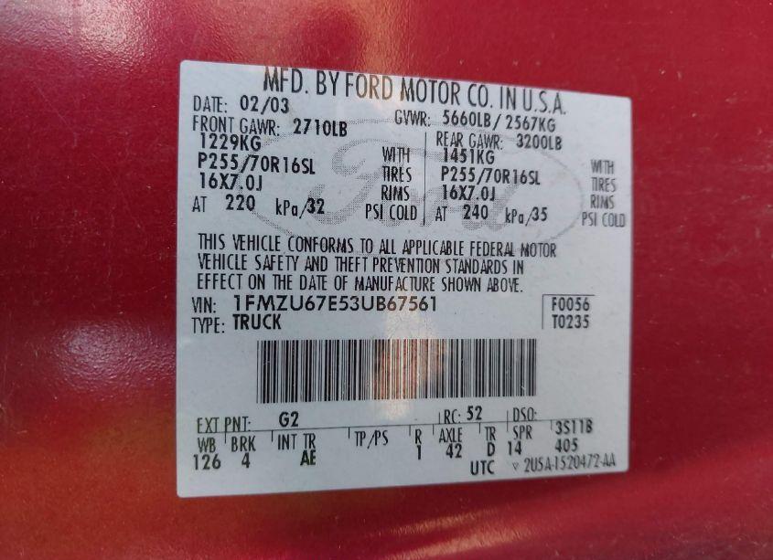 Photo 9 of 2003 Ford Explorer SPORT TRAC XLS/XLT (VIN 1FMZU67E53UB67561)