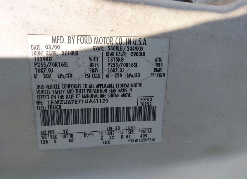 Photo 9 of 2001 Ford Explorer SPORT TRAC (VIN 1FMZU67E71UA41120)