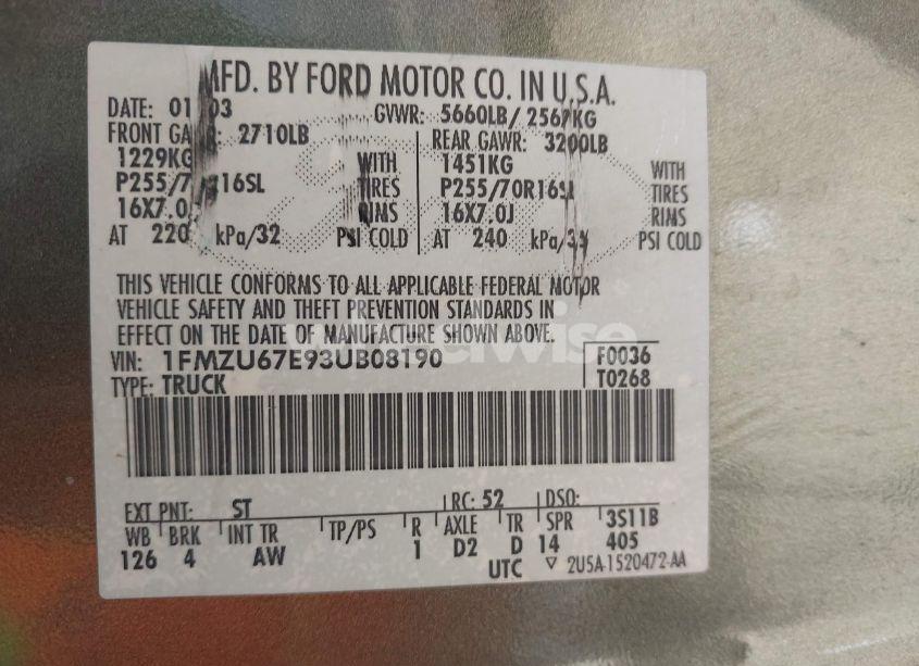 Photo 9 of 2003 Ford Explorer SPORT TRAC XLS/XLT (VIN 1FMZU67E93UB08190)