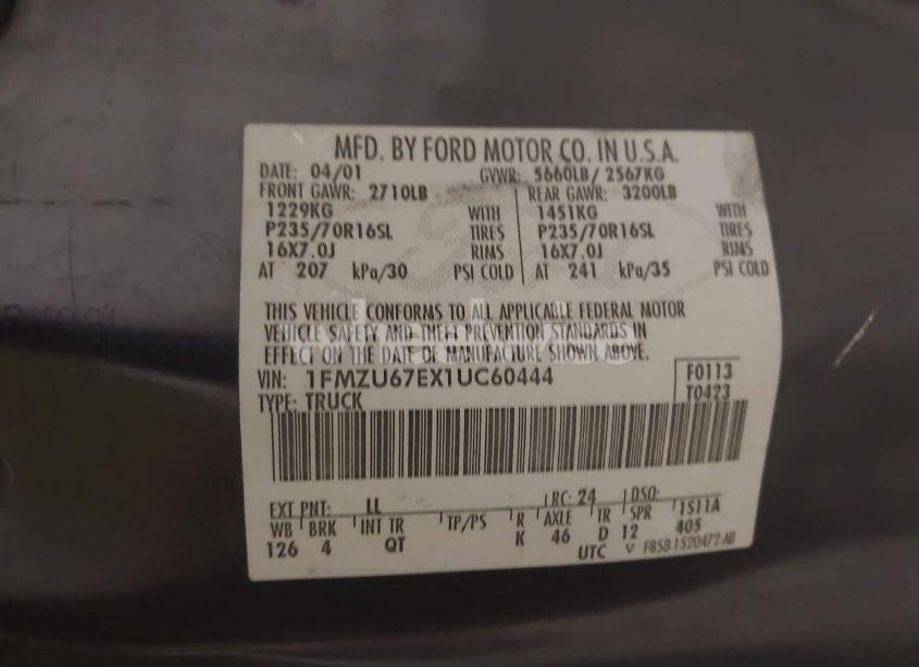 Photo 9 of 2001 Ford Explorer SPORT TRAC (VIN 1FMZU67EX1UC60444)