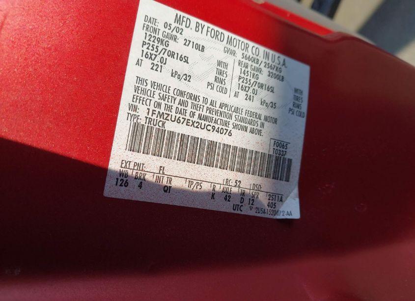 Photo 9 of 2002 Ford Explorer SPORT TRAC (VIN 1FMZU67EX2UC94076)