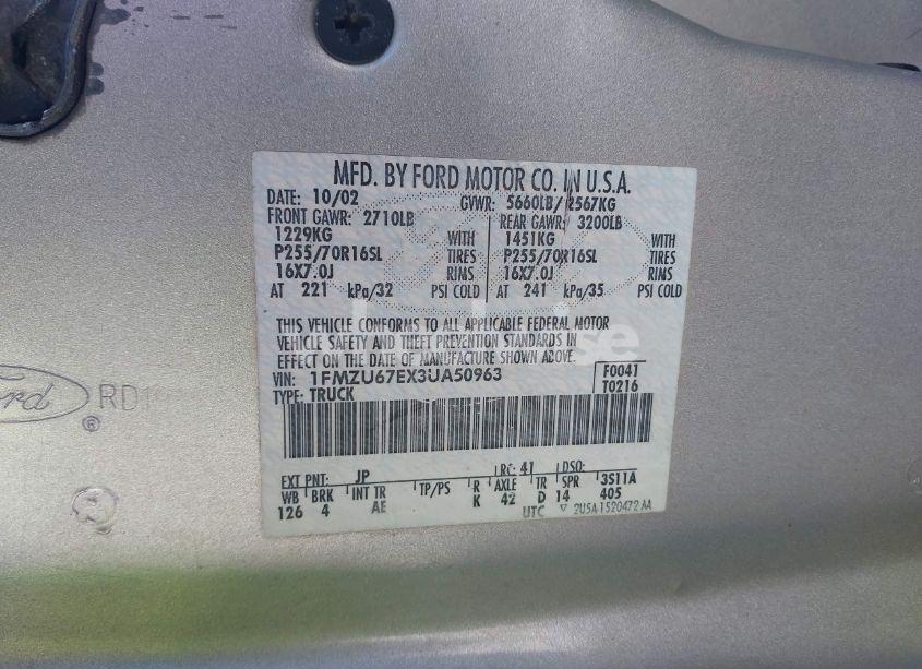 Photo 9 of 2003 Ford Explorer SPORT TRAC XLS/XLT (VIN 1FMZU67EX3UA50963)