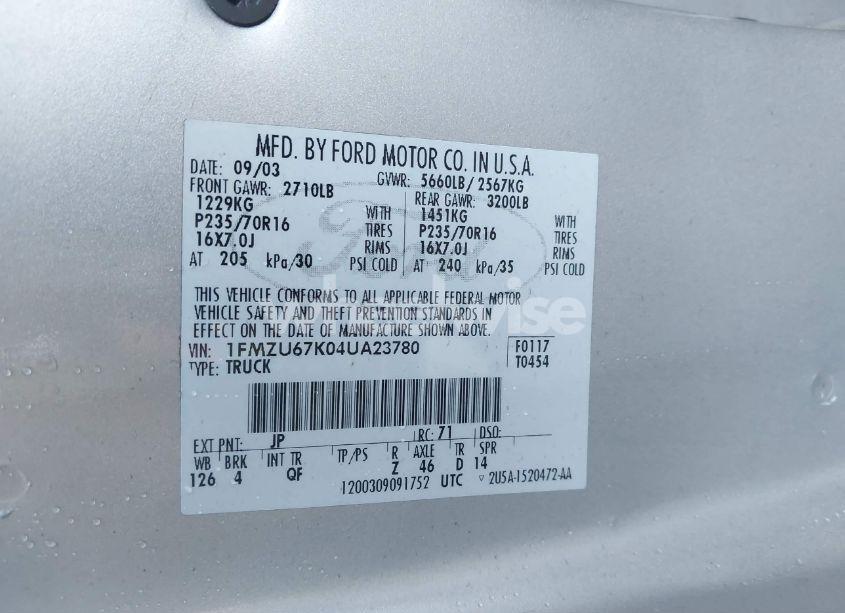 Photo 9 of 2004 Ford Explorer SPORT TRAC ADRENALIN/XLS/XLT (VIN 1FMZU67K04UA23780)