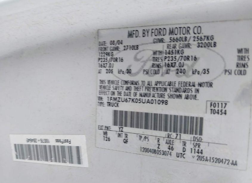 Photo 9 of 2005 Ford Explorer SPORT TRAC ADRENALIN/XLS/XLT (VIN 1FMZU67K05UA01098)