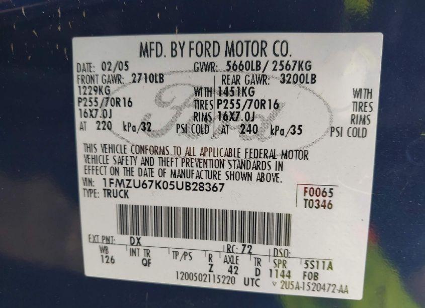 Photo 9 of 2005 Ford Explorer SPORT TRAC ADRENALIN/XLS/XLT (VIN 1FMZU67K05UB28367)