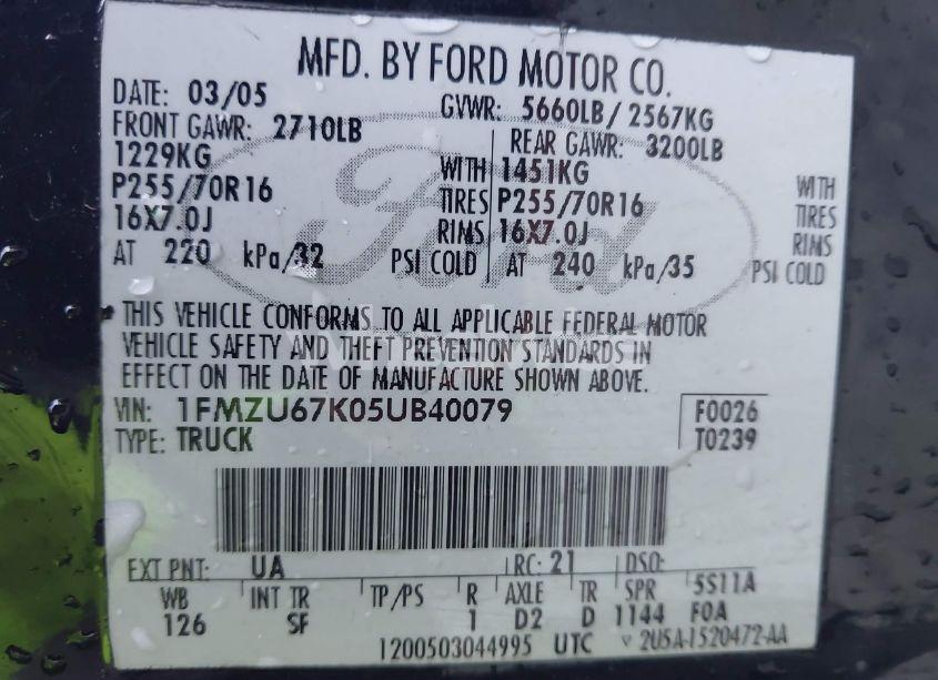 Photo 9 of 2005 Ford Explorer SPORT TRAC ADRENALIN/XLS/XLT (VIN 1FMZU67K05UB40079)