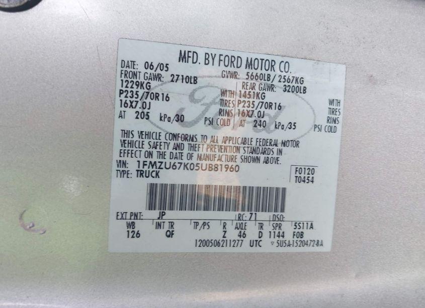 Photo 9 of 2005 Ford Explorer SPORT TRAC ADRENALIN/XLS/XLT (VIN 1FMZU67K05UB81960)