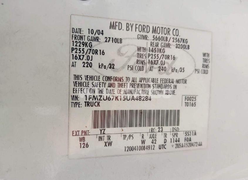 Photo 9 of 2005 Ford Explorer SPORT TRAC ADRENALIN/XLS/XLT (VIN 1FMZU67K15UA48284)