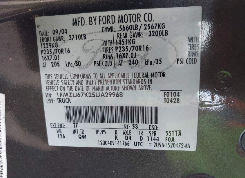 Photo 9 of 2005 Ford Explorer SPORT TRAC ADRENALIN/XLS/XLT (VIN 1FMZU67K25UA29968)